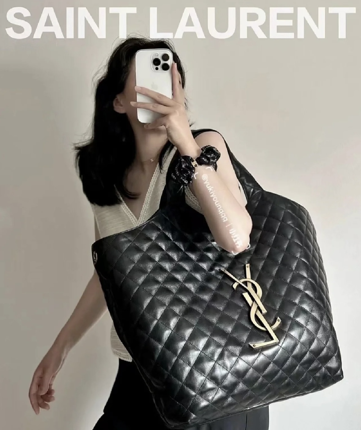 care Maxi Shopping Bag – Black Quilted Lambskin Tote with Gold Logo