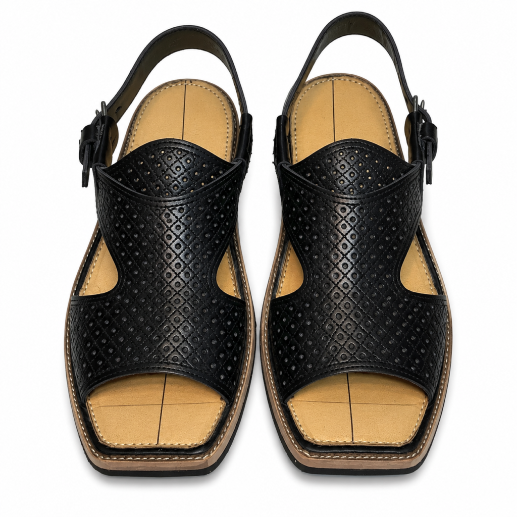 remium Black Leather Tribal Peshawari Chappal for Men