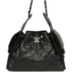 Luxury Small Black Crumpled Leather Hobo Shoulder Bag with Silver-Tone Hardware