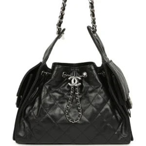 Luxury Small Black Crumpled Leather Hobo Shoulder Bag with Silver-Tone Hardware