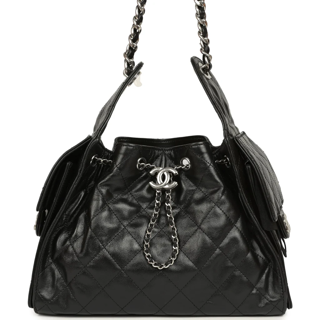Luxury Small Black Crumpled Leather Hobo Shoulder Bag with Silver-Tone Hardware
