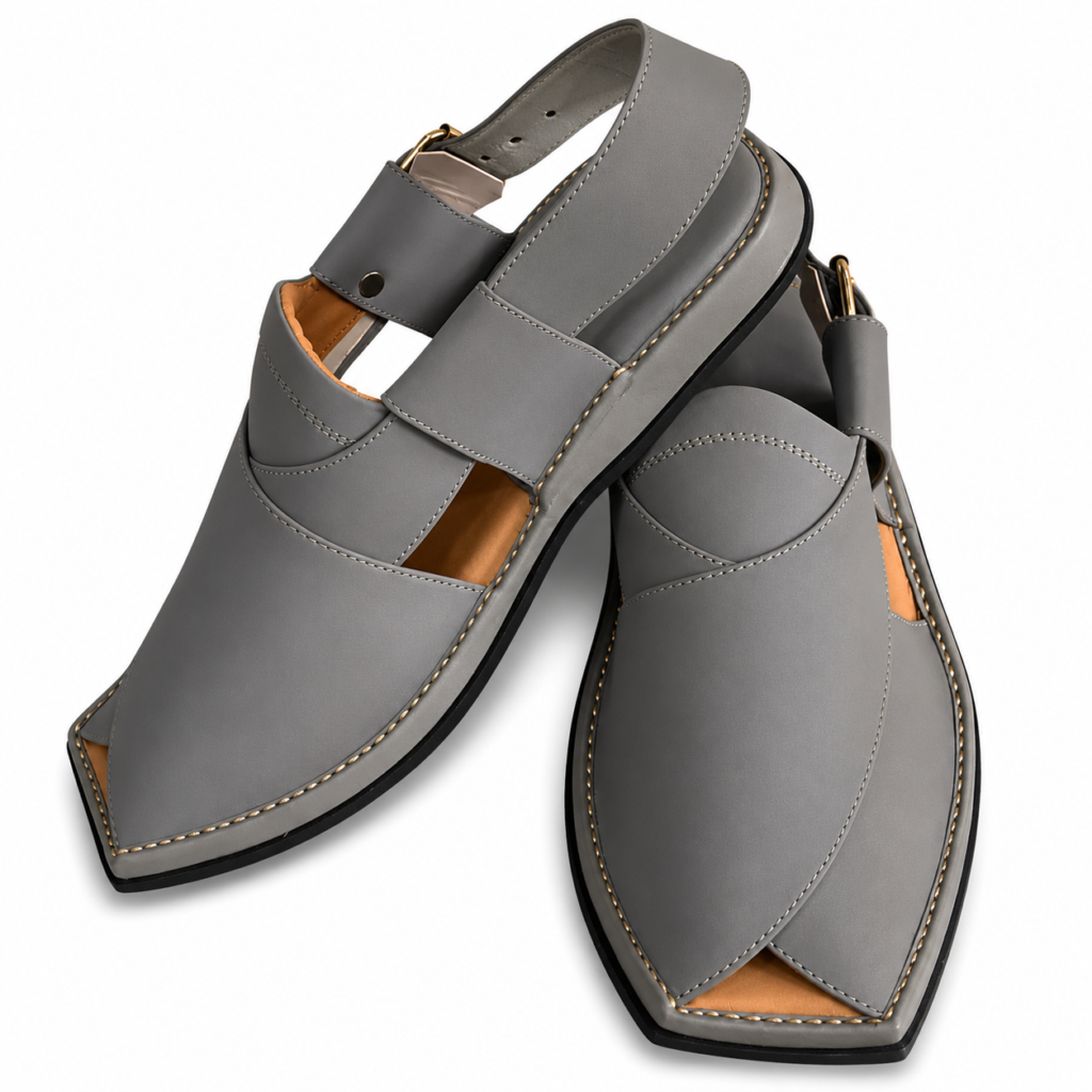 Premium Grey Leather Peshawari Chappal for Men – Handmade Traditional Charsadda Sandals