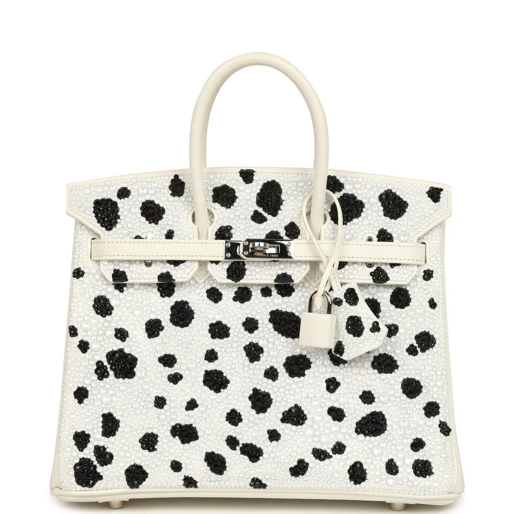 Luxury Crystal-Embellished White Leather Top Handle Bag with Palladium Hardware
