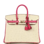 Luxury Two-Tone Ostrich Leather Top Handle Bag in Rose Pink & Beige with Permabrass Hardware