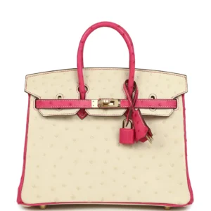 Luxury Two-Tone Ostrich Leather Top Handle Bag in Rose Pink & Beige with Permabrass Hardware