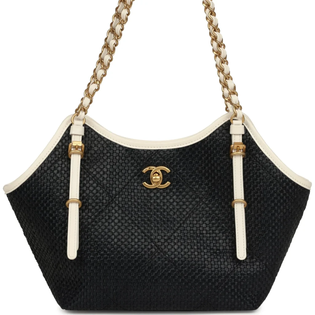 Luxury Small Raffia & White Leather Shopping Tote with Antique Gold Hardware