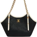Luxury Small Raffia & White Leather Shopping Tote with Antique Gold Hardware
