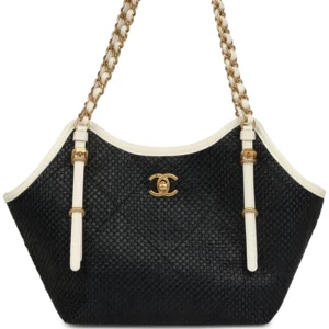 Luxury Small Raffia & White Leather Shopping Tote with Antique Gold Hardware