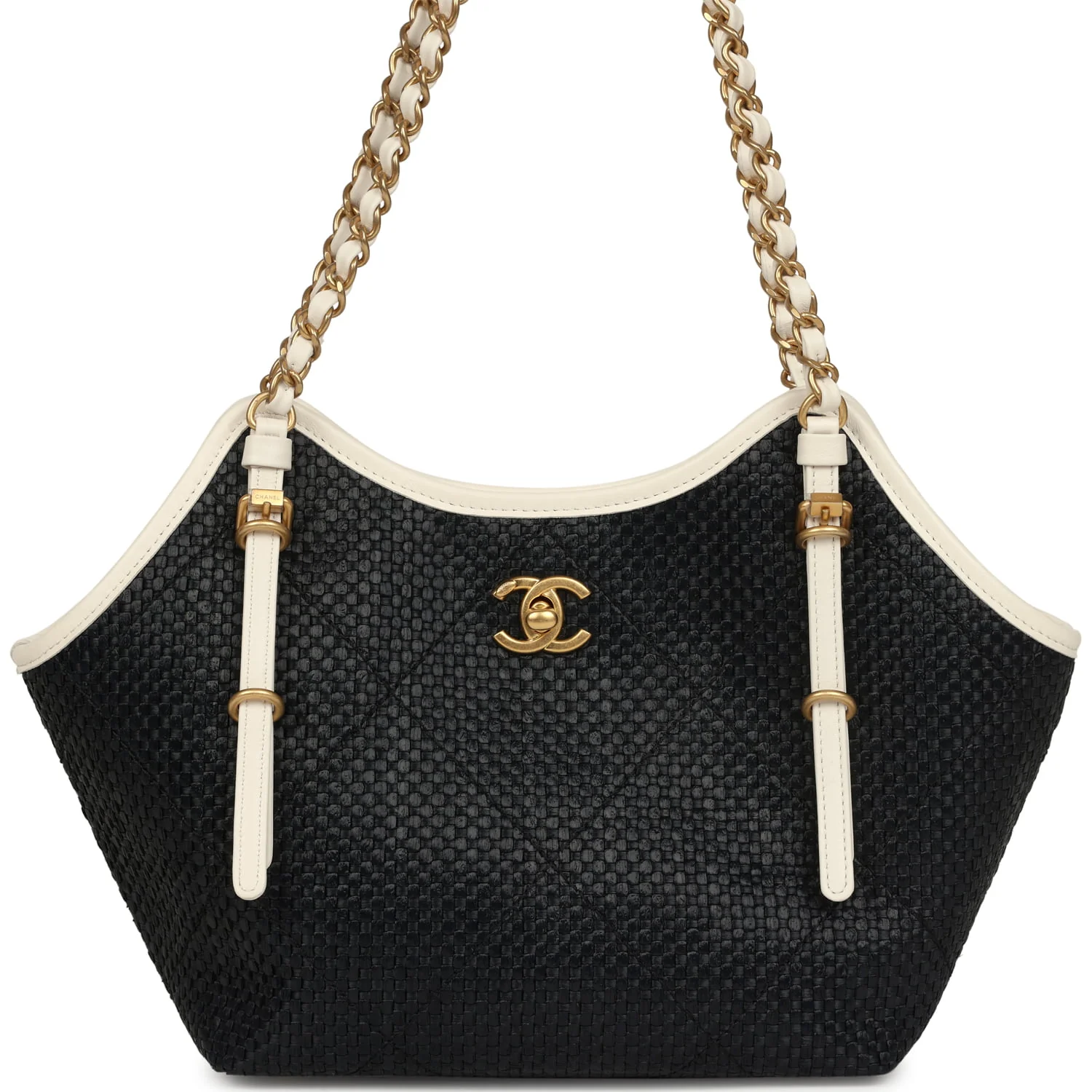 Luxury Small Raffia & White Leather Shopping Tote with Antique Gold Hardware