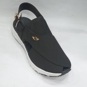 Men's Black Sport Peshawari Chappal with White Sole & Gold Emblem
