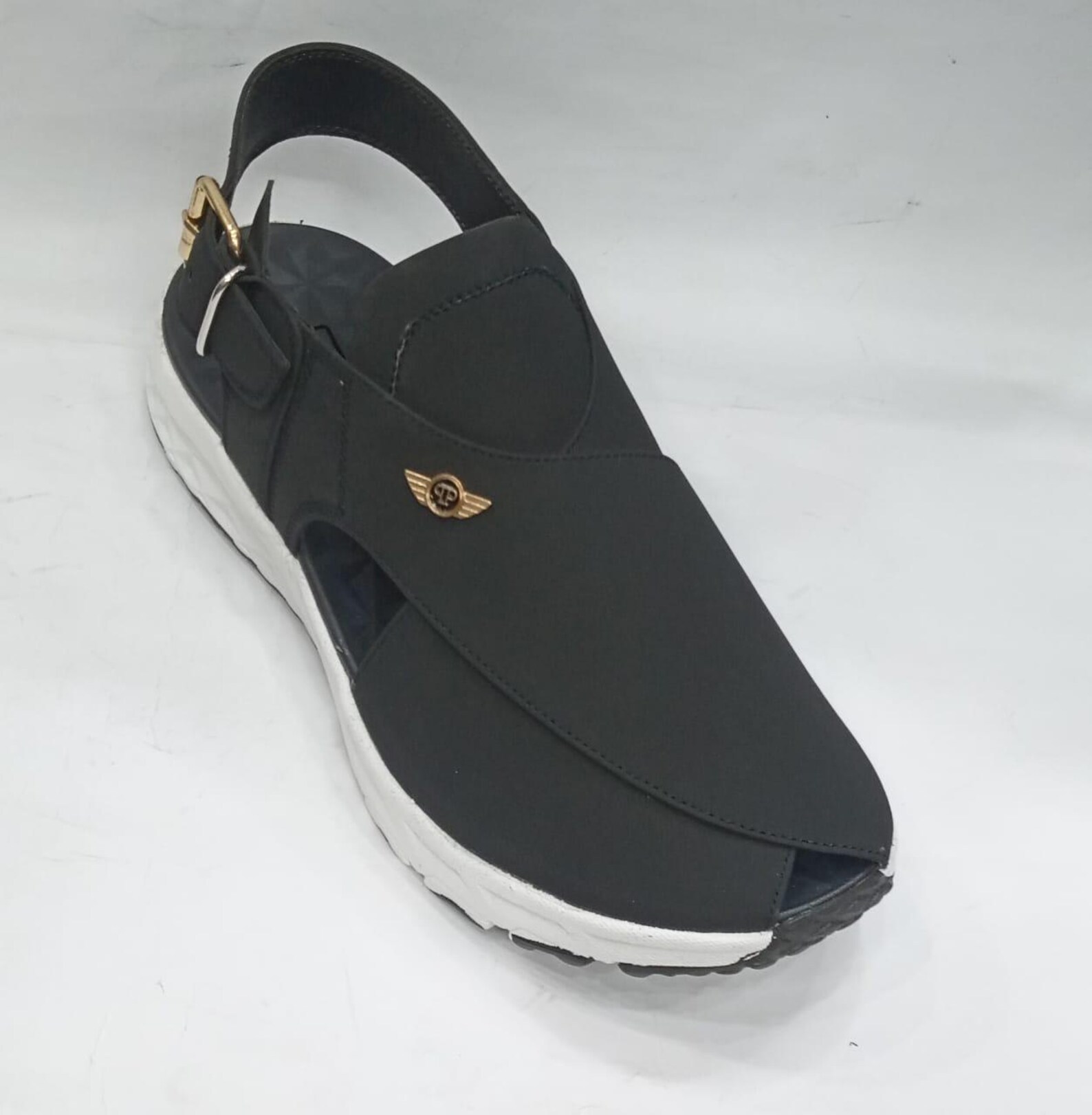 Men's Black Sport Peshawari Chappal with White Sole & Gold Emblem