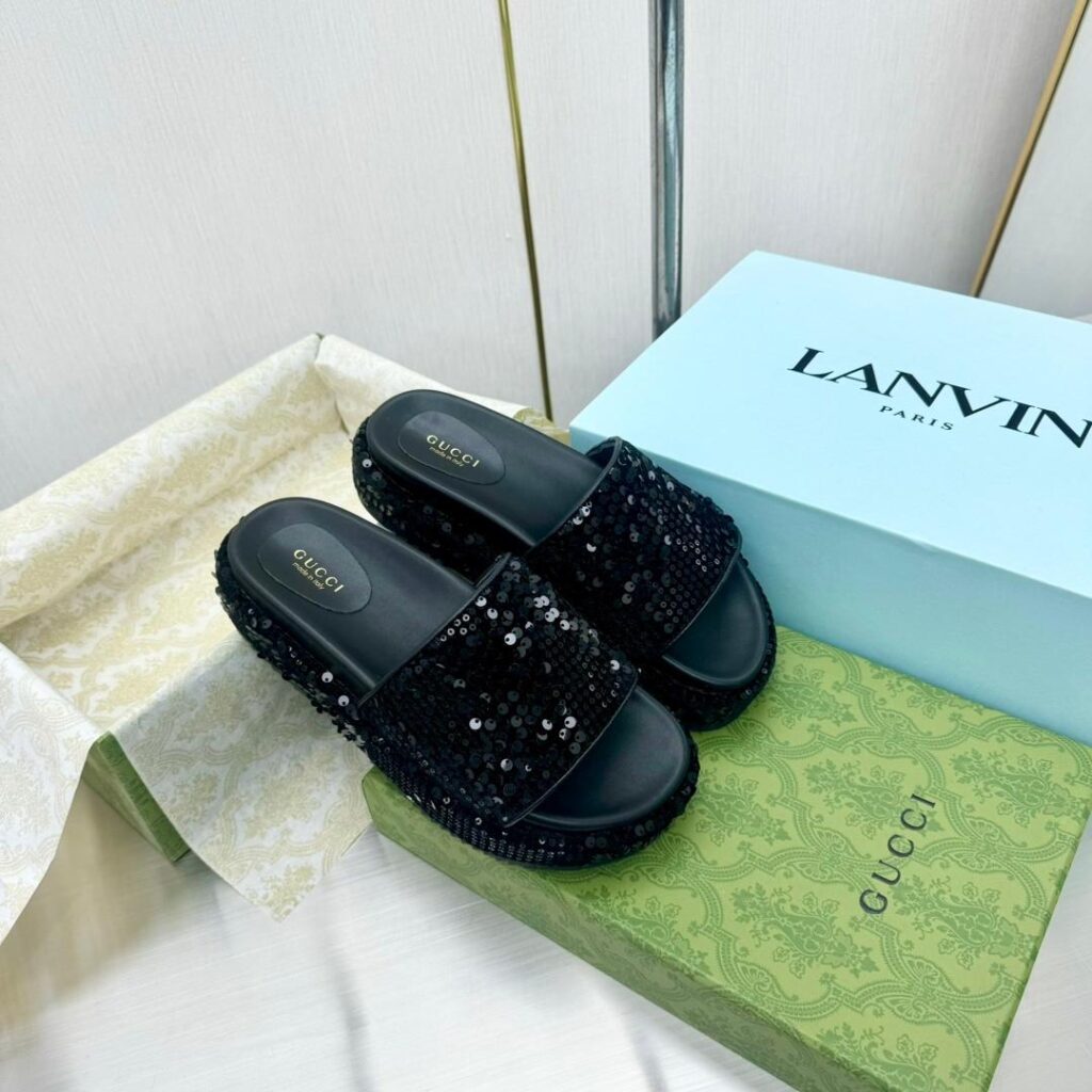 Black Sequin Platform Slide Sandals – Glamorous Slip-On Summer Sandals