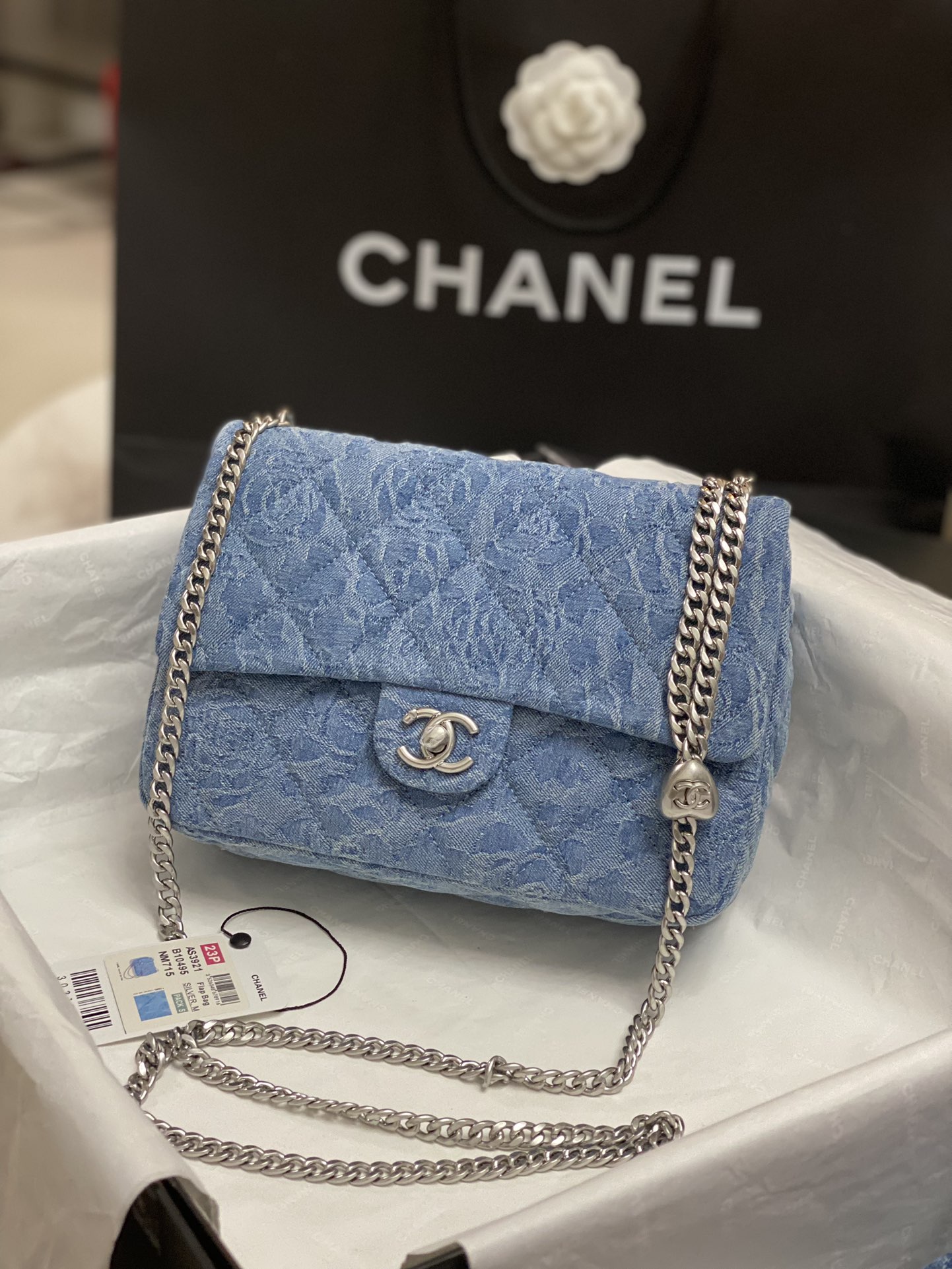 Denim Camellia Heart Chain Bag Channel