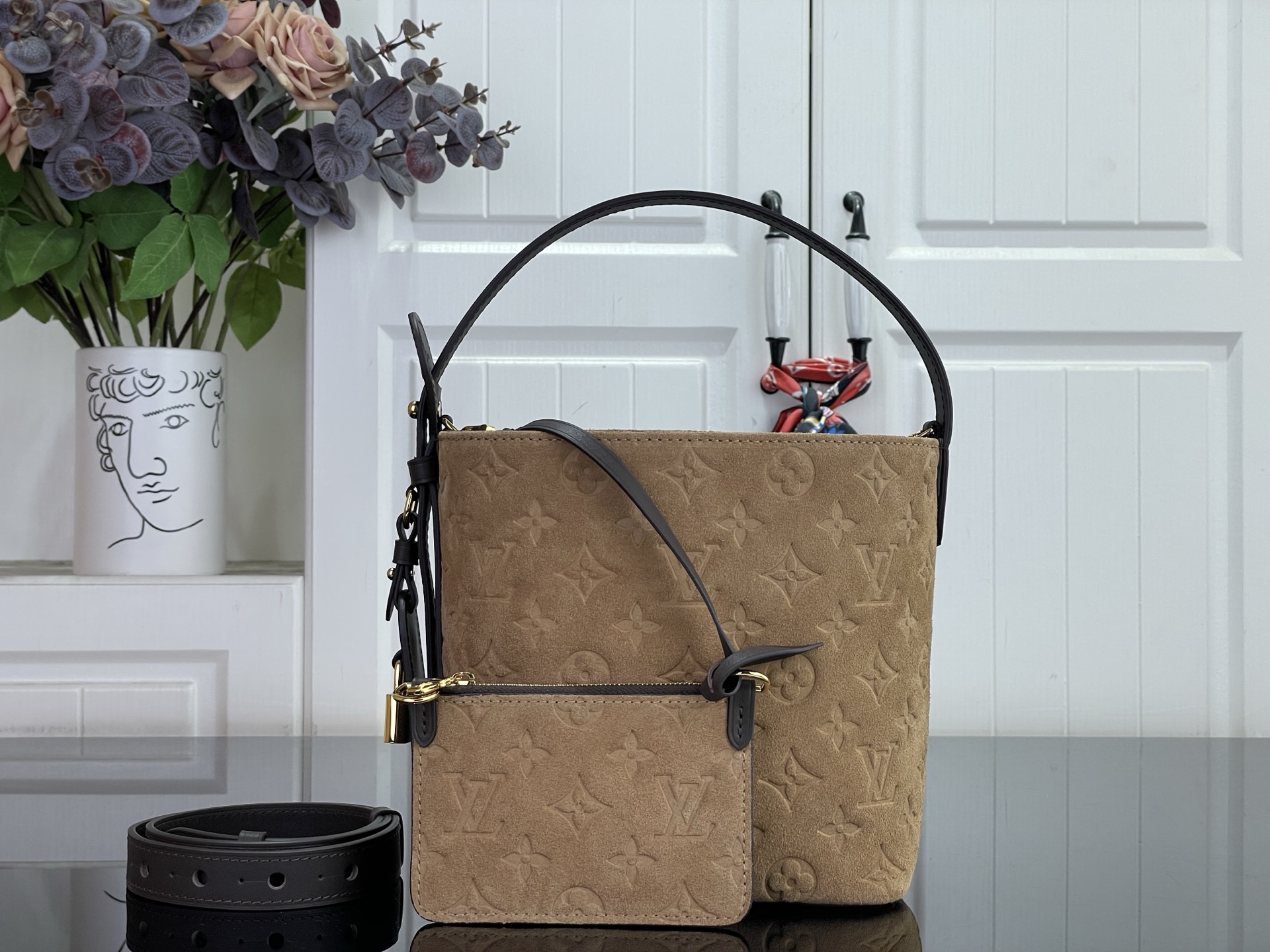 Light Khaki Suede Leather Bucket Bag