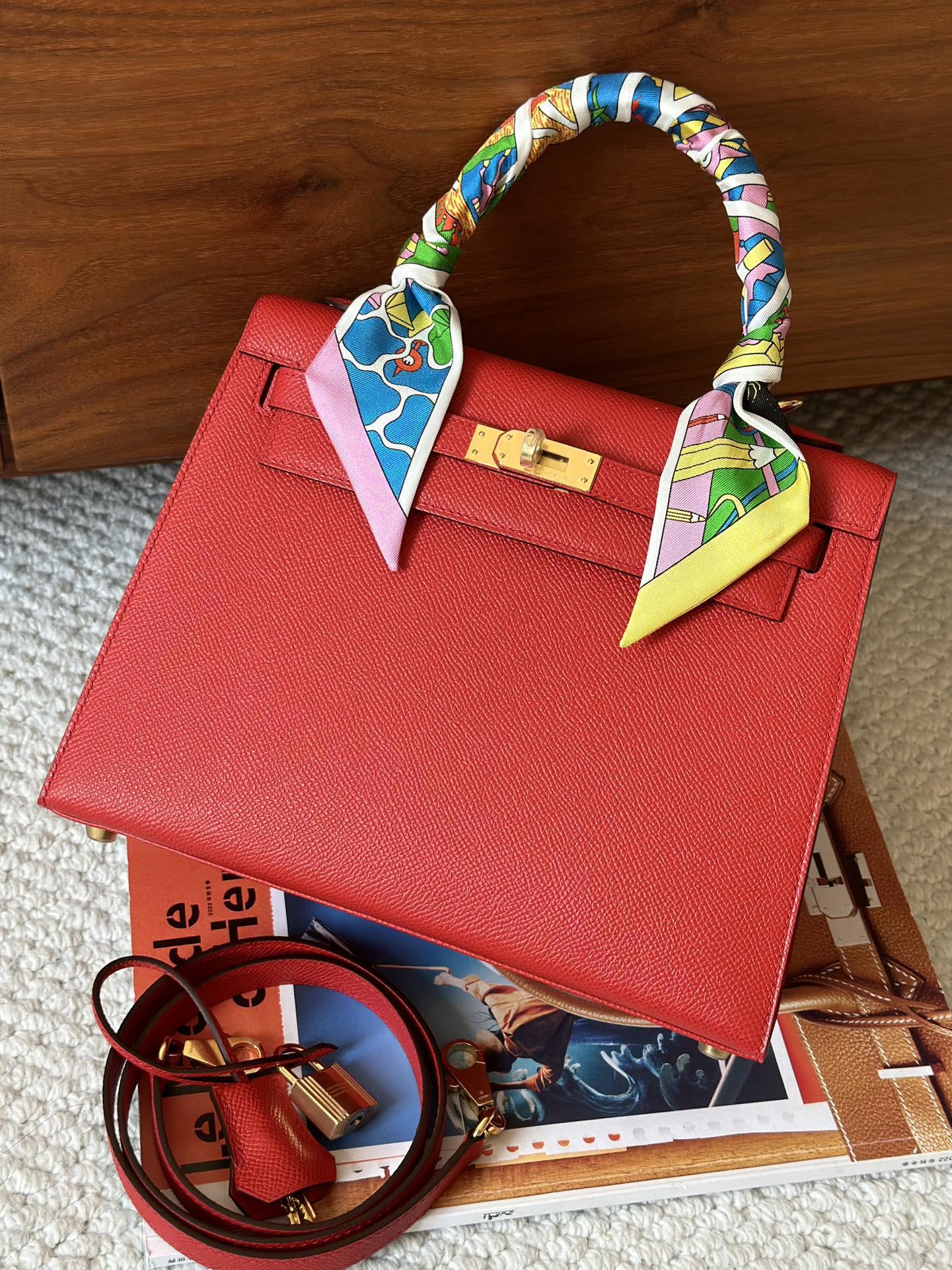 red leather handbag