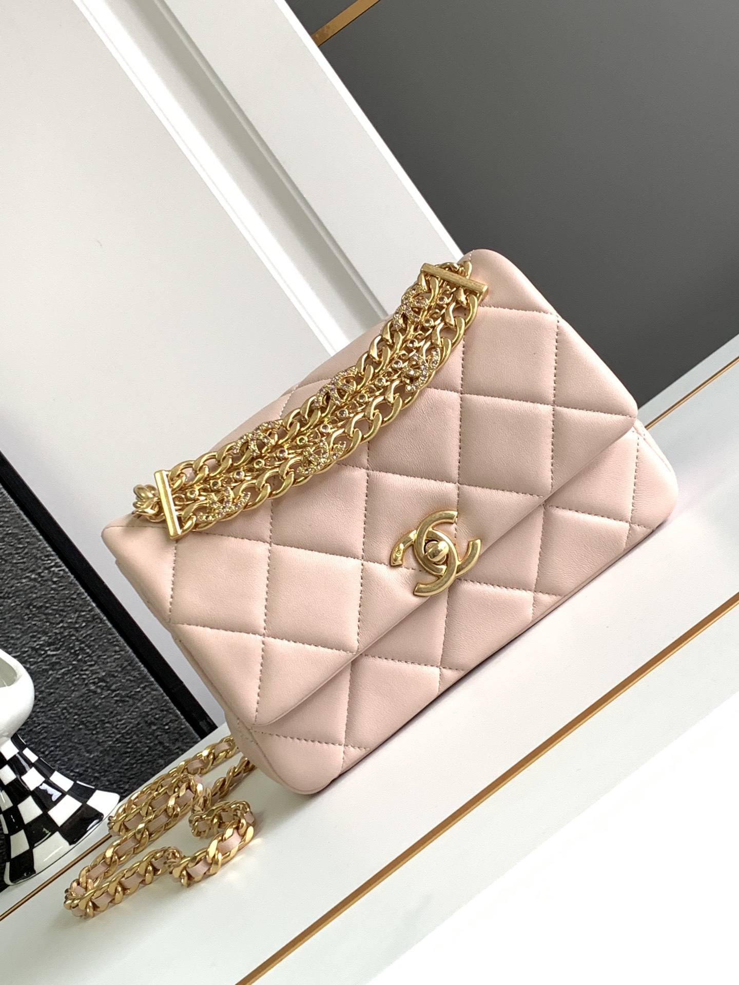 Pink Rhinestone Chain Shoulder CC Leather Bag | Elegant Mini